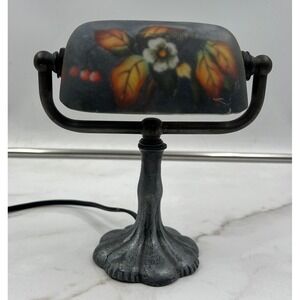 Vintage Bankers Desk Lamp Mini Hand Painted Floral Glass Shade BH-29666